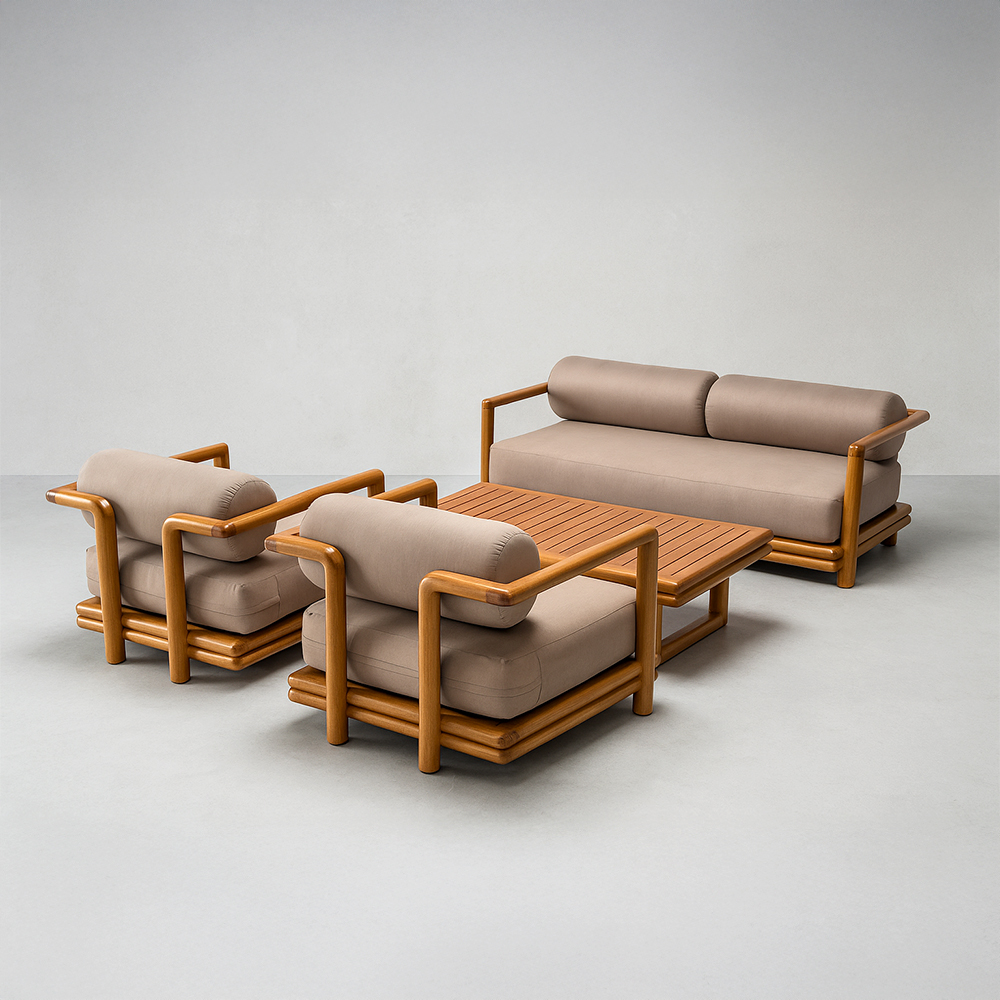 Salon de jardin SHAMBALA en bois avec coussins déhoussables en tissu oléfine – Banquette, 2 Fauteuils et Table Basse