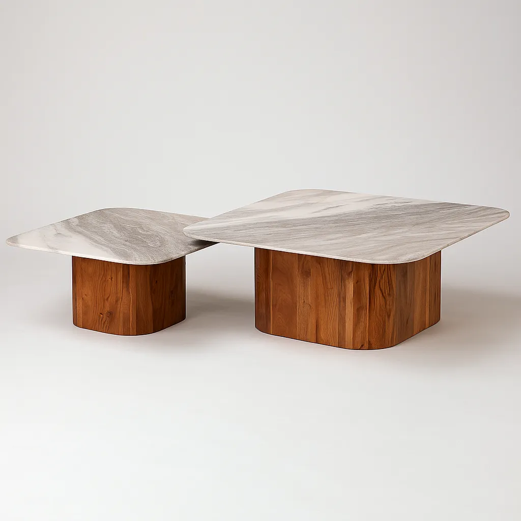 Tables basses VOLTI lot de 2 carrées en bois d'acacia et marbre gris 100x100x40 cm & 80x80x37 cm