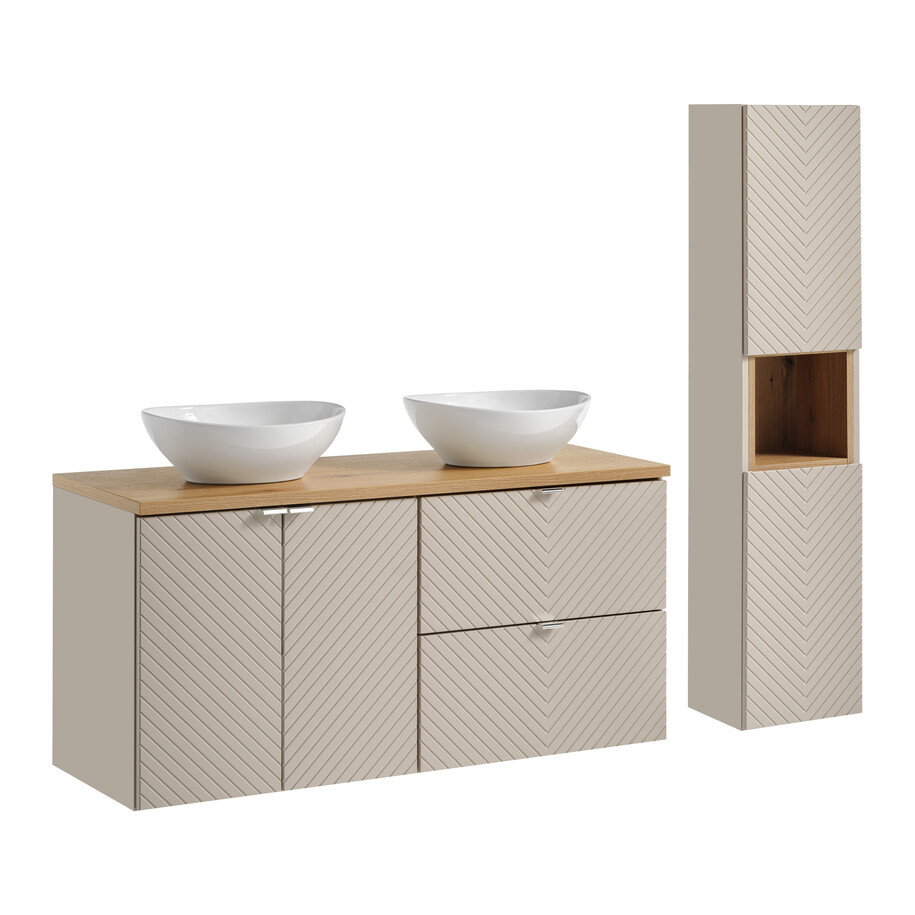 Ensemble de meubles de 120 cm comprenant un plan de travail, deux vasques à poser et colonne haute.