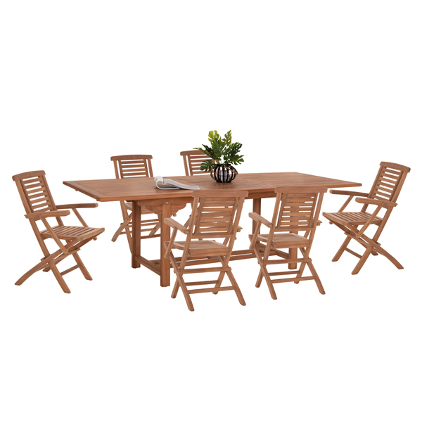 Ensemble repas de jardin DOMY – Table en bois & 6 chaises pliantes